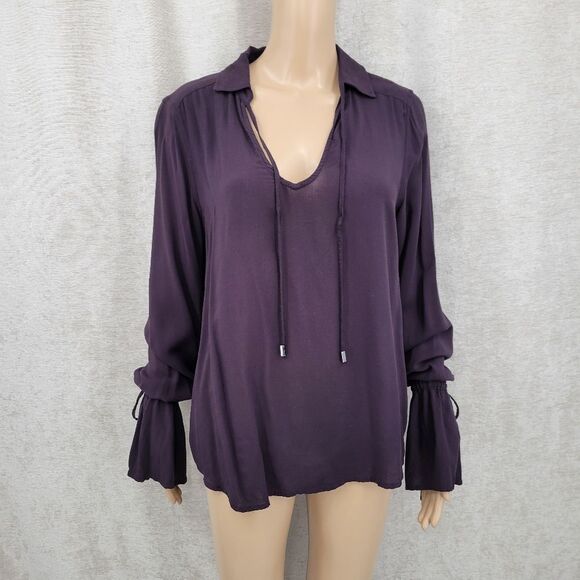Paige Black Cherry Tie Neck Cuff Long Sleeve Boho Poet Blouse Top Renaissance - Picture 1 of 10